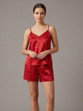 Suwen Red Satin Lingerie Cami and Shorts Set